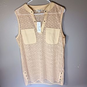 SIMPLY Noelle, see through embroidered. Cream colored blouse.